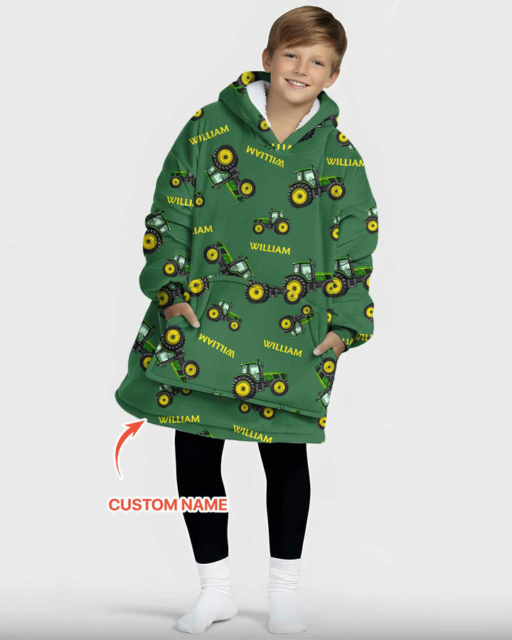 Custom Name Green Tractors Matching Daddy & Me Bamboo Blanket Hoodie