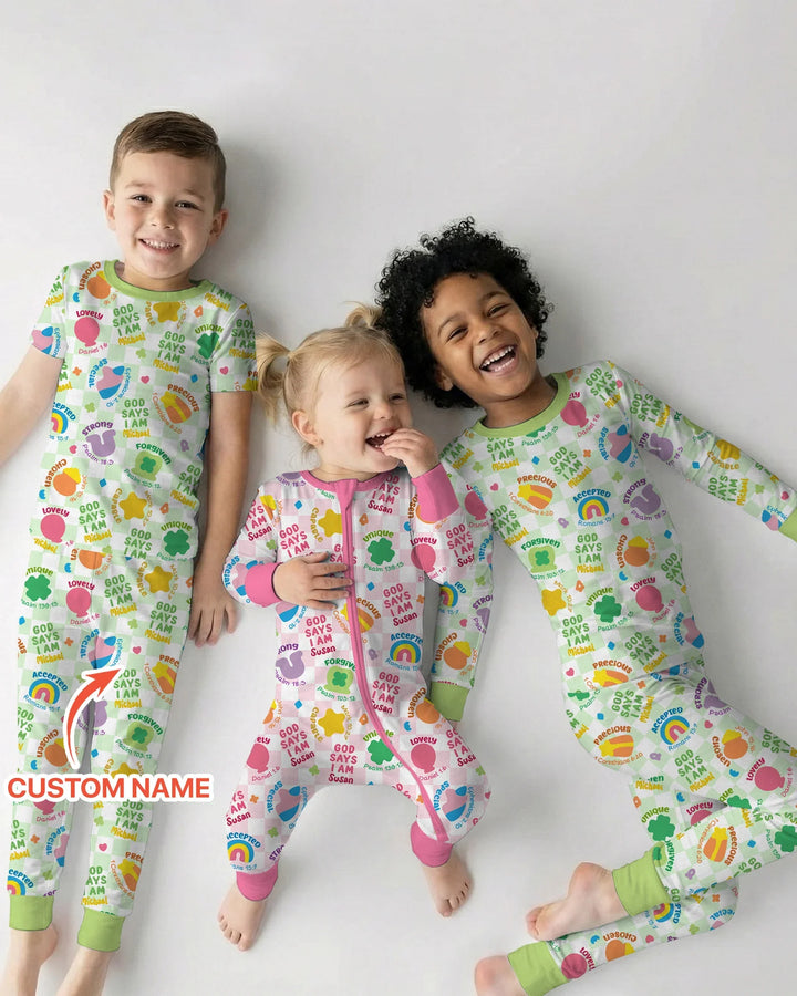 God Says I Am St. Patrick’s Day Custom Name Family Matching Bamboo Two Piece Short Sleeve Pajama Set