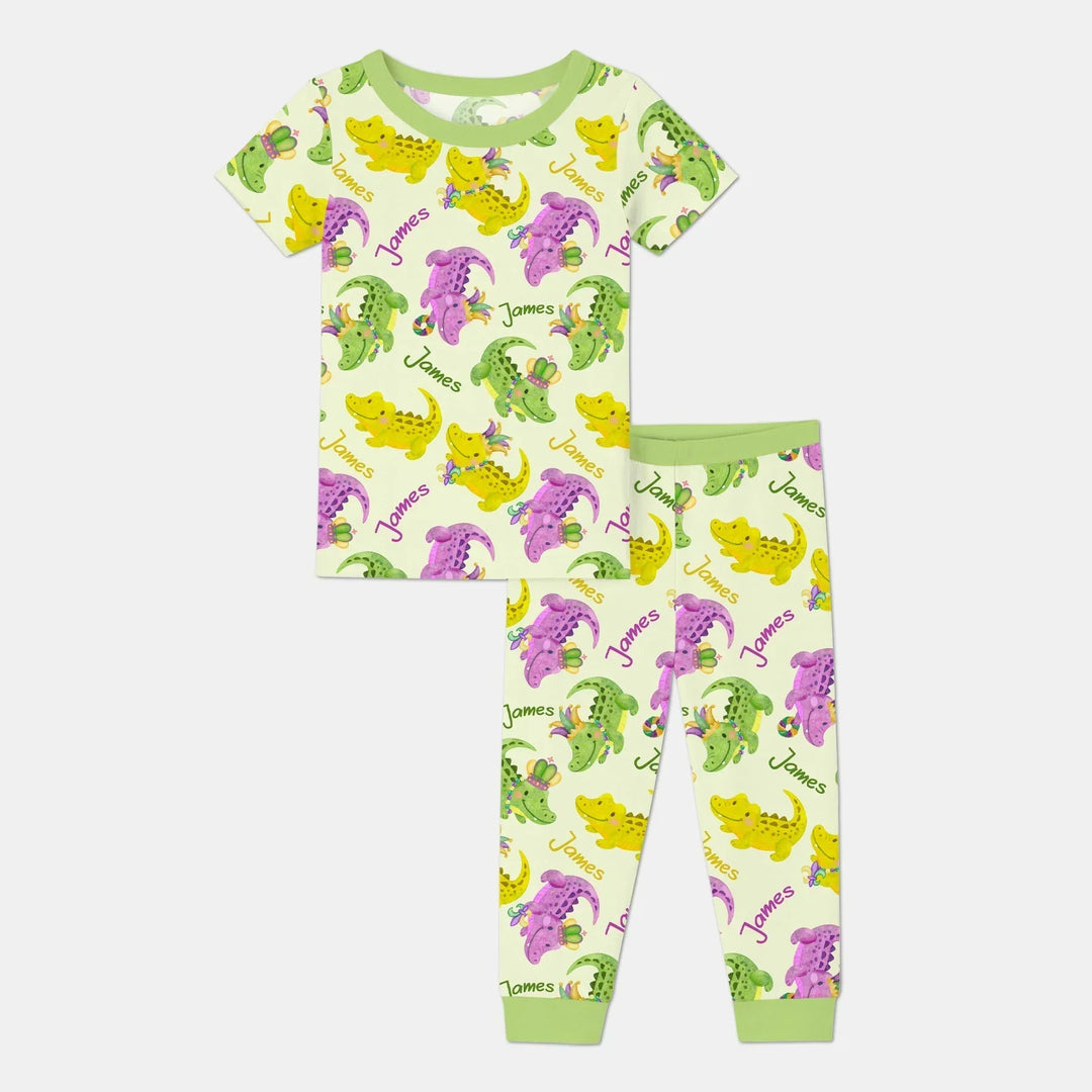 Custom Name Mardi Gras Alligator Bamboo Two Piece Short Sleeve Pajama Set