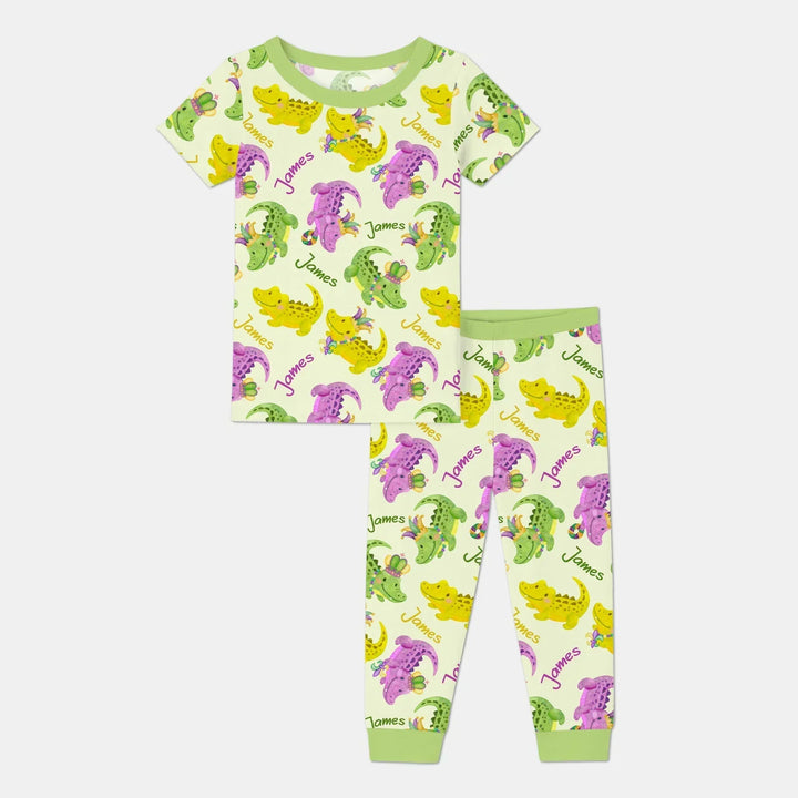 Custom Name Mardi Gras Alligator Bamboo Two Piece Short Sleeve Pajama Set