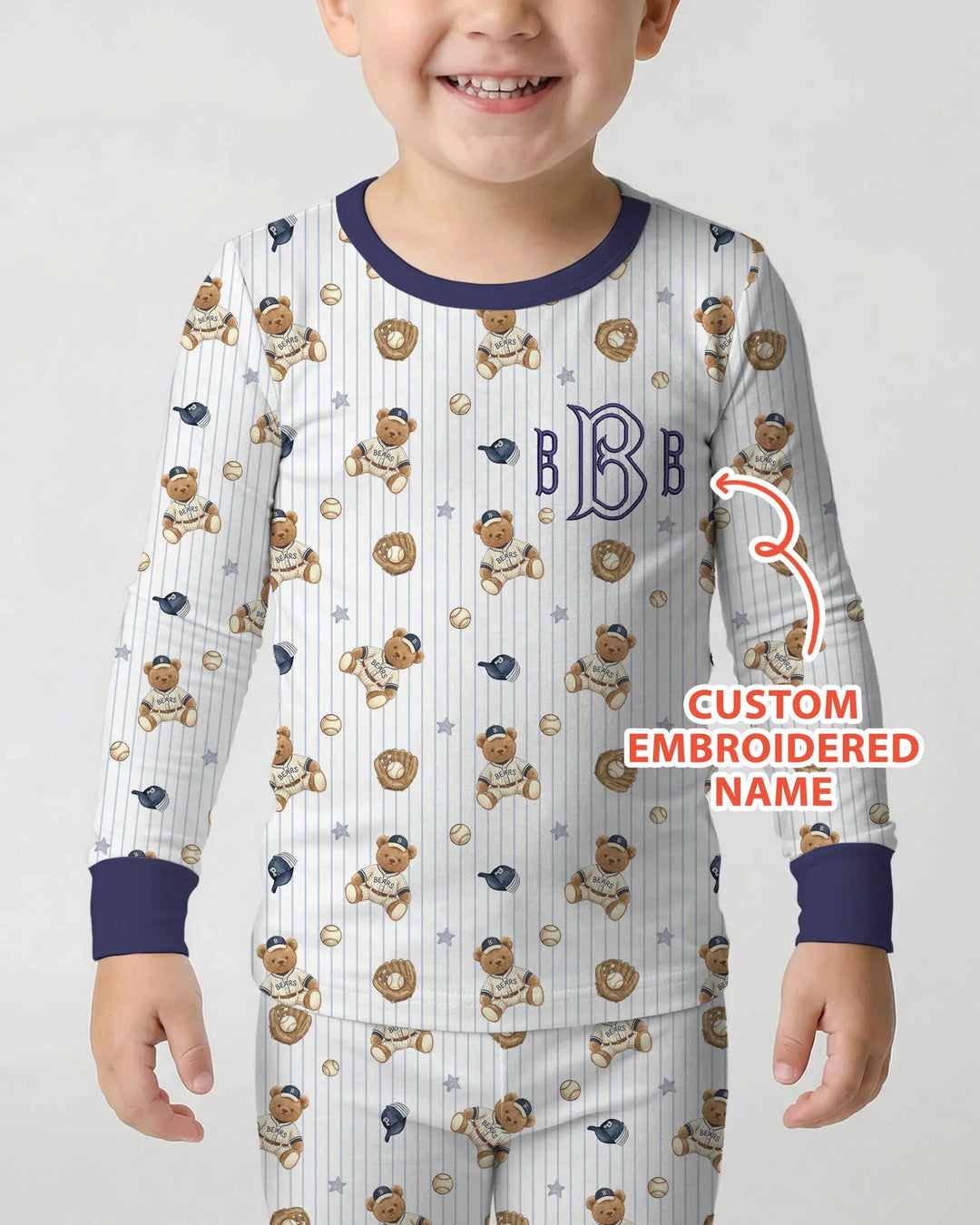 Personalized Embroidered Teddy Bear Baseball Baby Bamboo Two Piece Long Sleeve Pajama Set