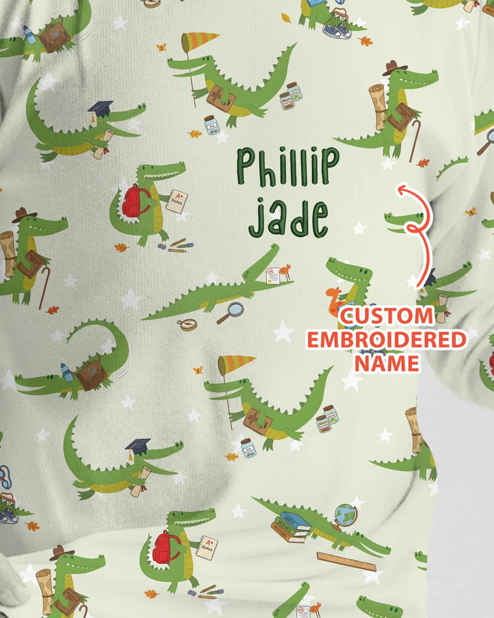 Custom Name Embroidered Alligator Bamboo Two Piece Long Sleeve Pajama Set