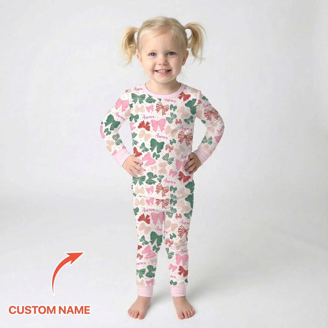 Custom Name Preppy Coquette Bows Bamboo Two Piece Long Sleeve Pajama Set