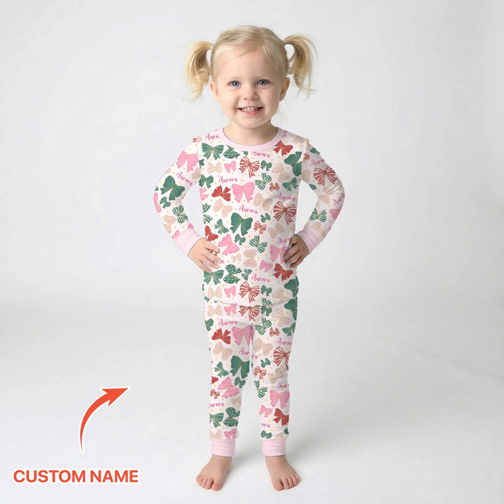 Custom Name Preppy Coquette Bows Bamboo Two Piece Long Sleeve Pajama Set