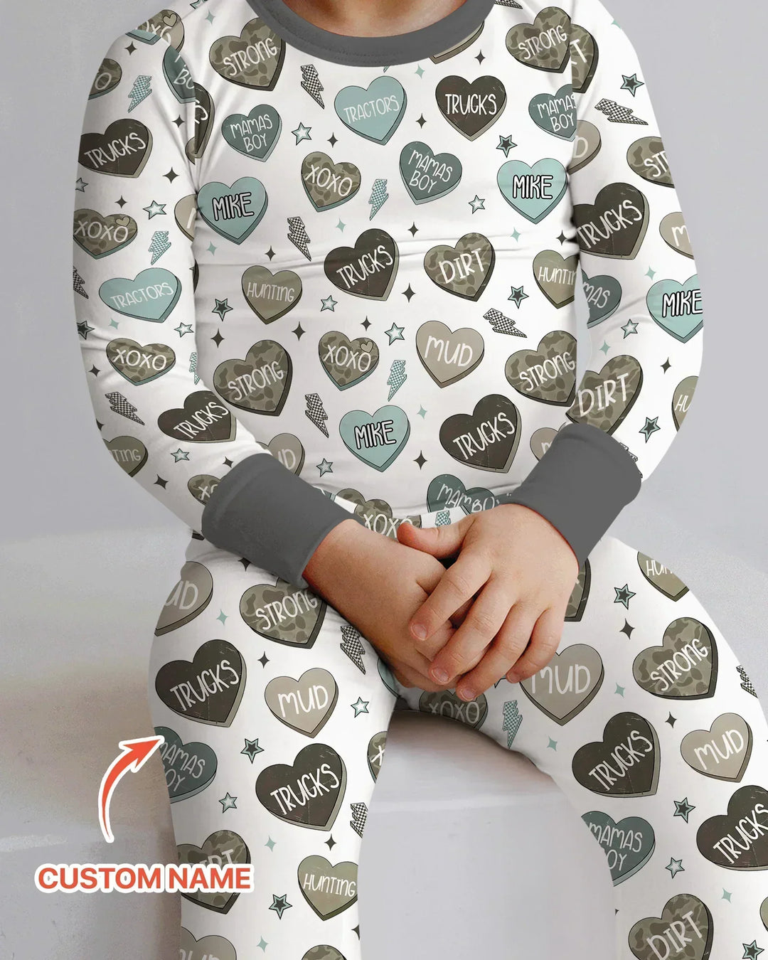 Personalized Camo Candy Hearts Bamboo Two Piece Long Sleeve Pajama Set