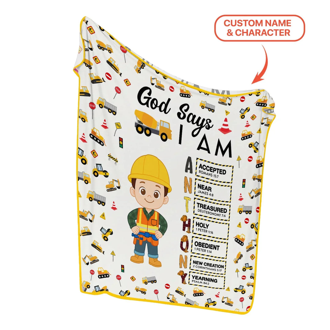 Custom Name God Says I Am Little Builder Letter in Bible Bamboo Blanket