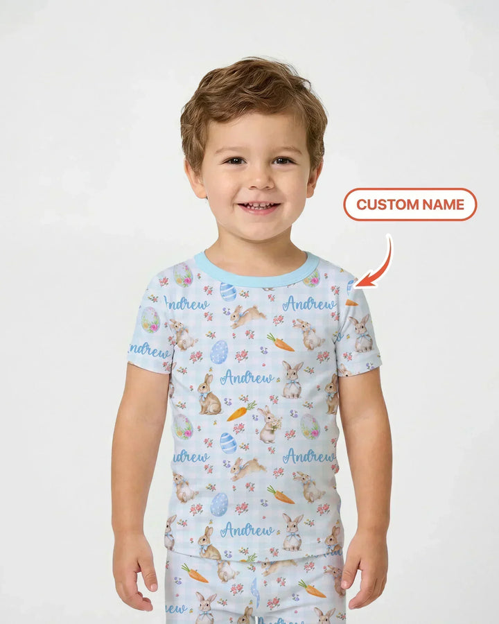 Custom Name Bunny Garden Bamboo Two Piece Short Sleeve Pajama Set