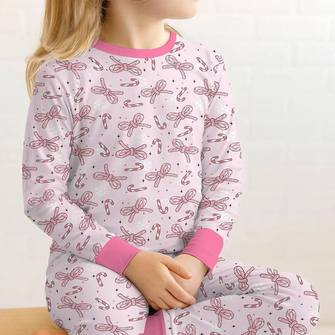 Pink Candy Bows Bamboo Two Piece Long Sleeve Pajama Set
