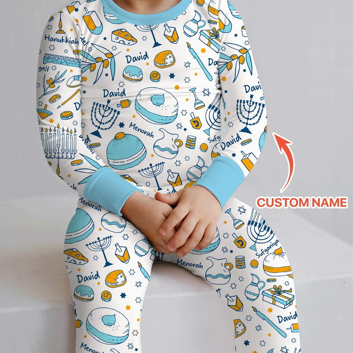 Happy Hanukkah Doodles Custom Name Family Matching Bamboo Two Piece Long Sleeve Pajama Set