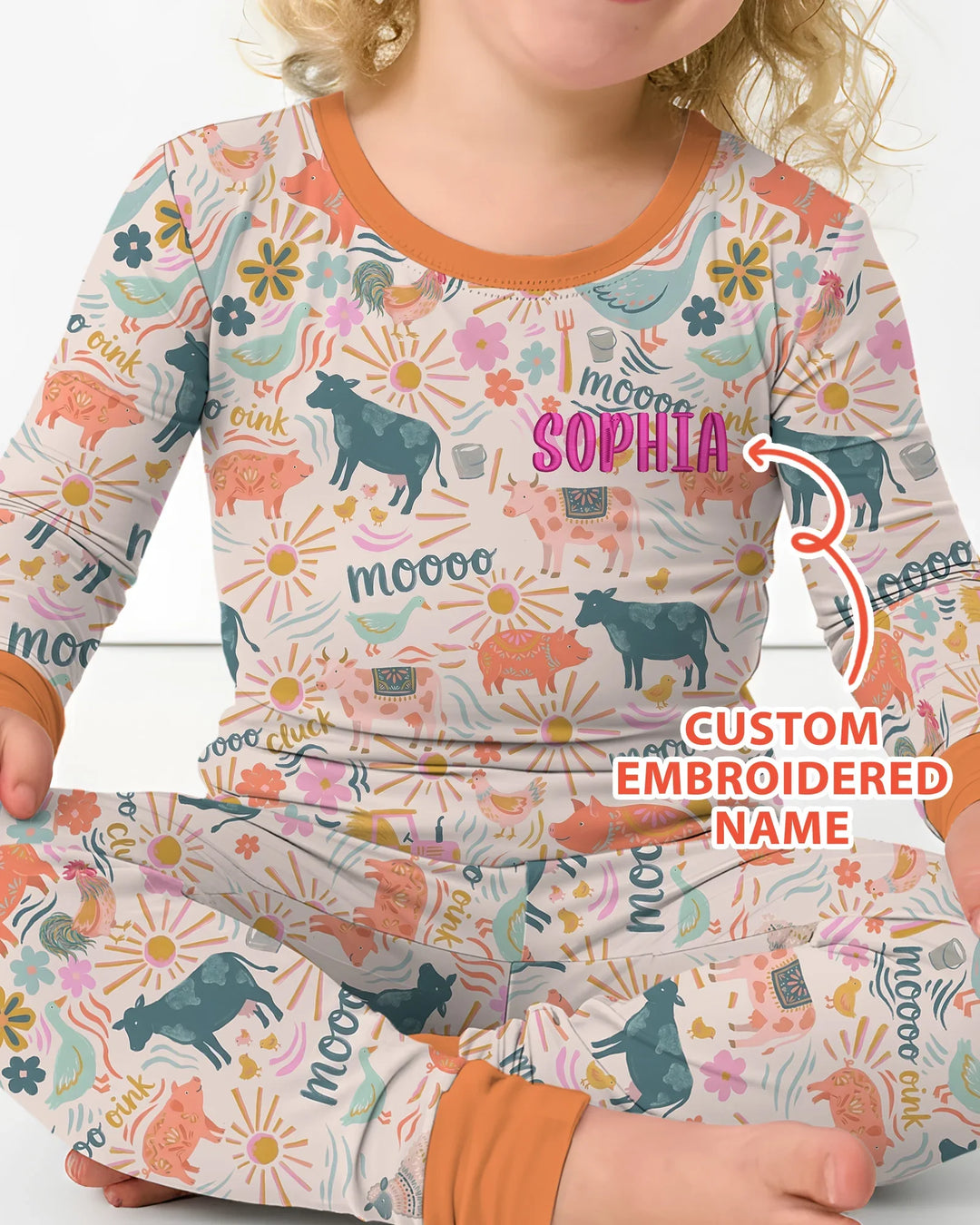 Custom Name Embroidered Colorful Farm Life  Bamboo Two Piece Long Sleeve Pajama Set