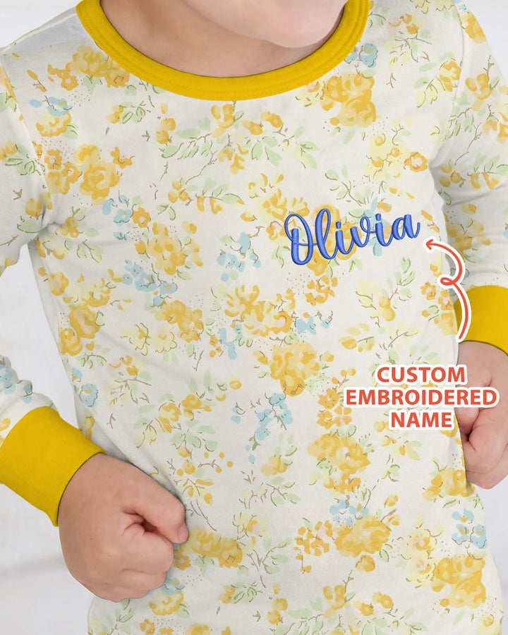Custom Name Embroidered Floral Bamboo Two Piece Long Sleeve Pajama Set