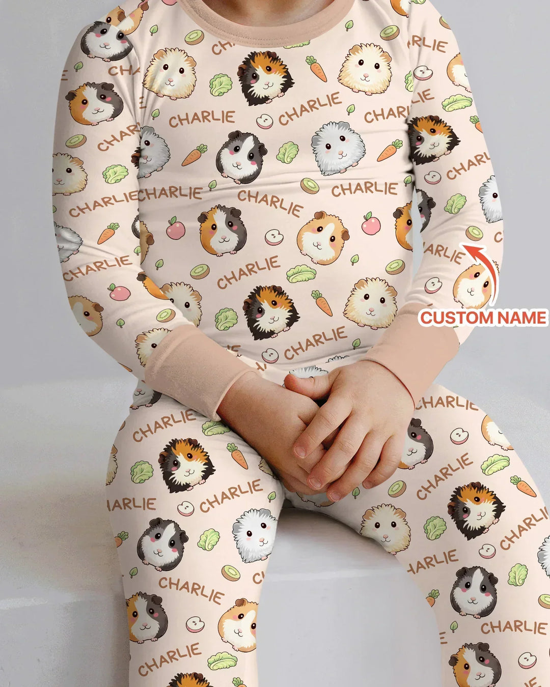 Custom Name Cute Guinea Pigs Bamboo Two Piece Long Sleeve Pajama Set