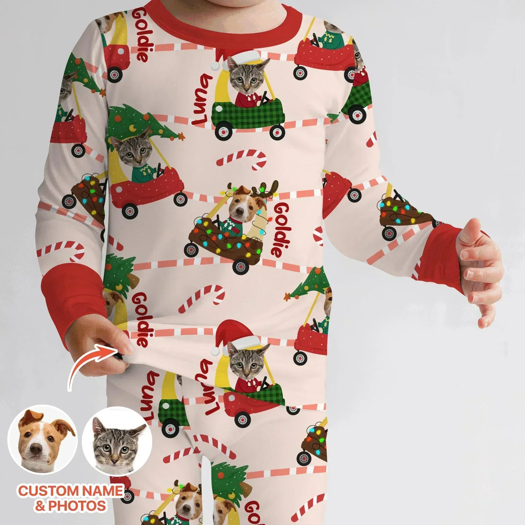 Custom Pet Photo Christmas Tikes Car Bamboo Two Piece Long Sleeve Pajama Set