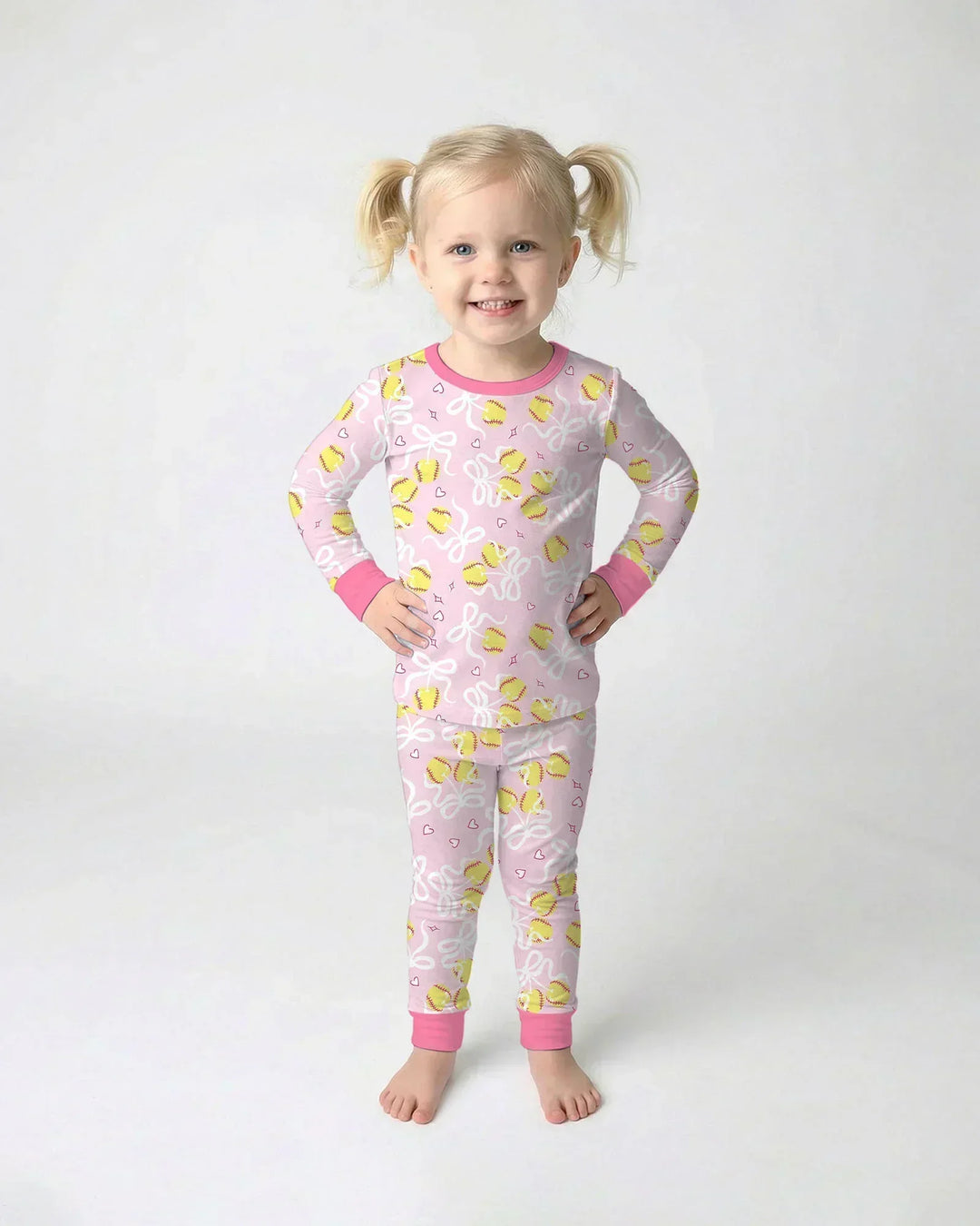 Softball Cherry Mom And Girl Matching Bamboo Two Piece Long Sleeve Pajama Set