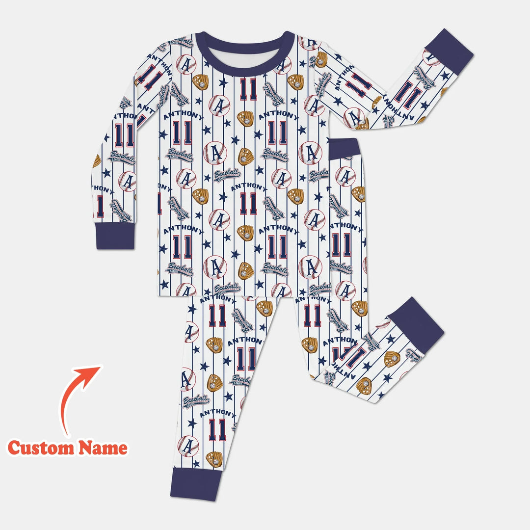 Custom Name Baseball Time Bamboo Two Piece Long Sleeve Pajama Set