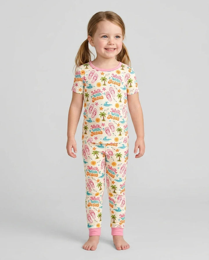 Groovy Summer Walk With Jesus Bamboo Two Piece Short Sleeve Pajama Set