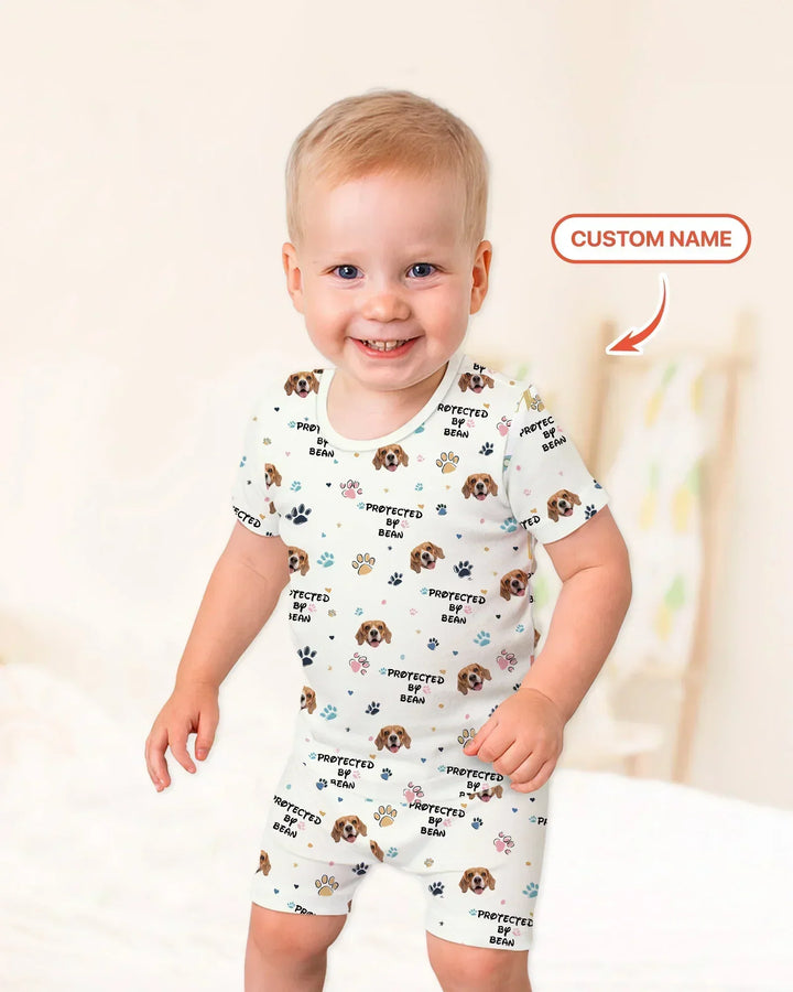Custom Dogs Photo "Protected By" Bamboo Two Piece Short Sleeve Shorts Pajama Set