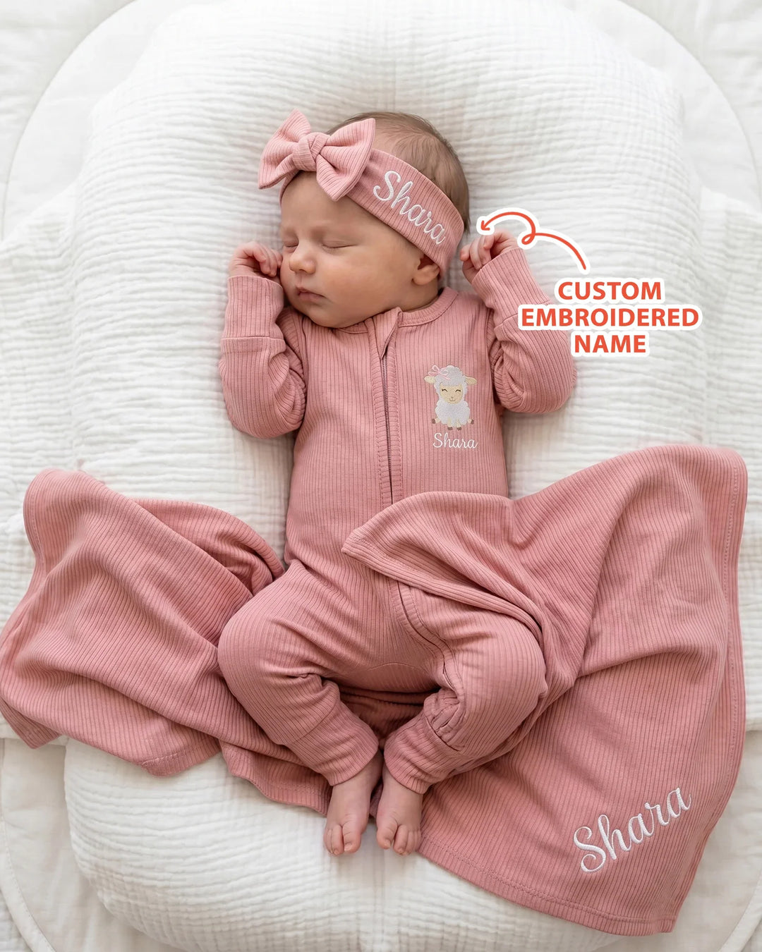Personalized Baby Sheep Embroidered Ribbed Bamboo Welcome Home Bundle