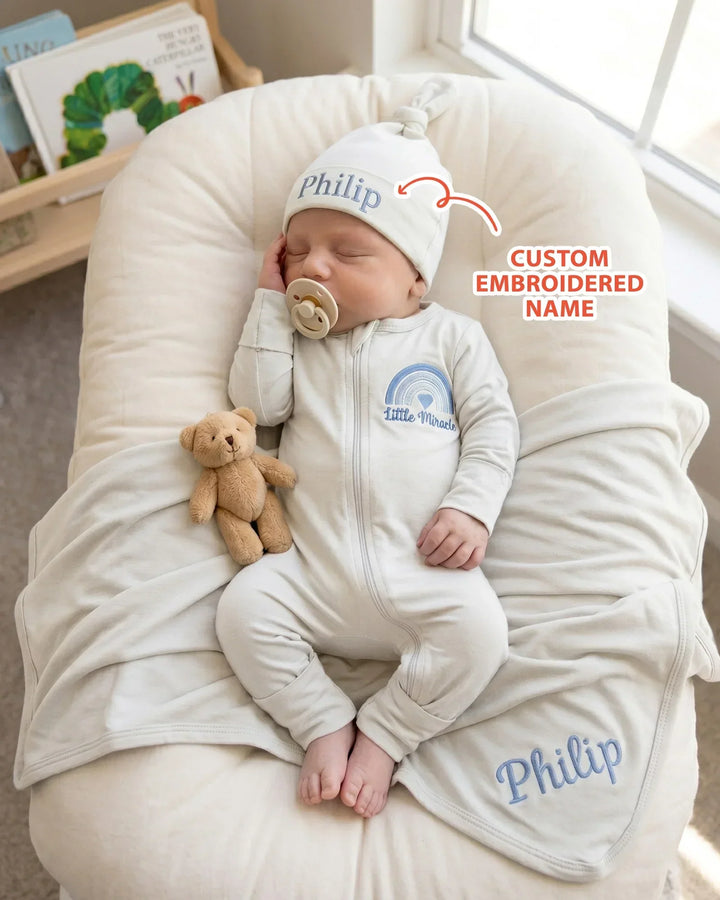 Personalized Little Miracle Blue Embroidered Bamboo Hat