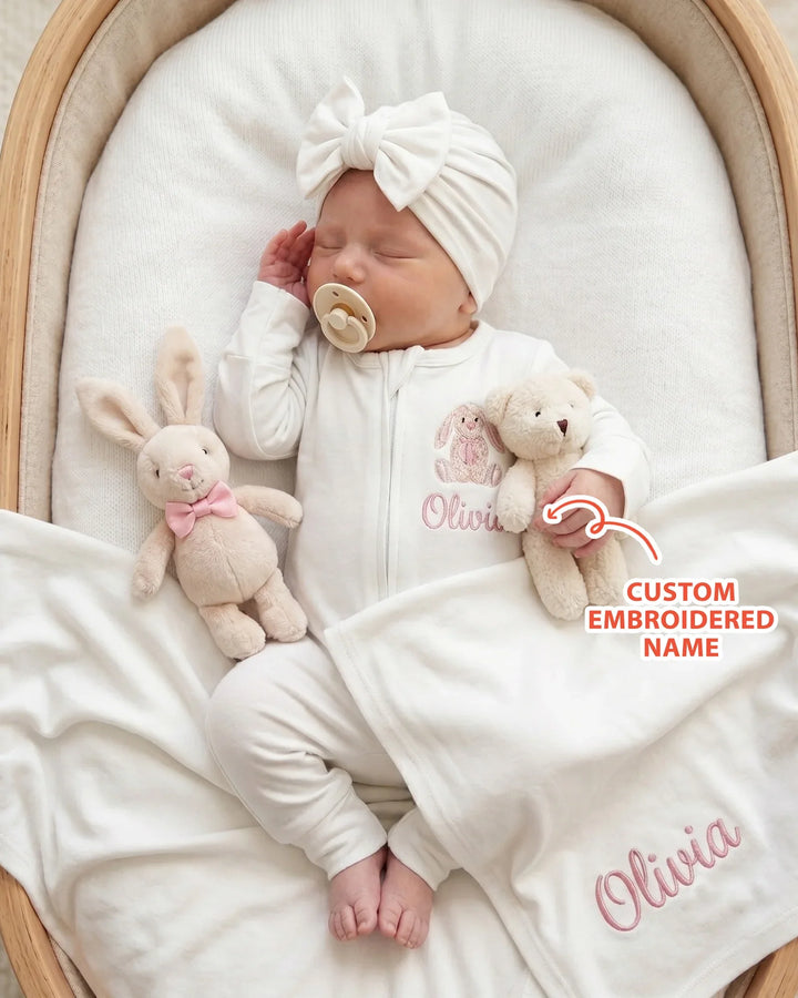 Personalized Bunny Embroidered Bamboo Blanket