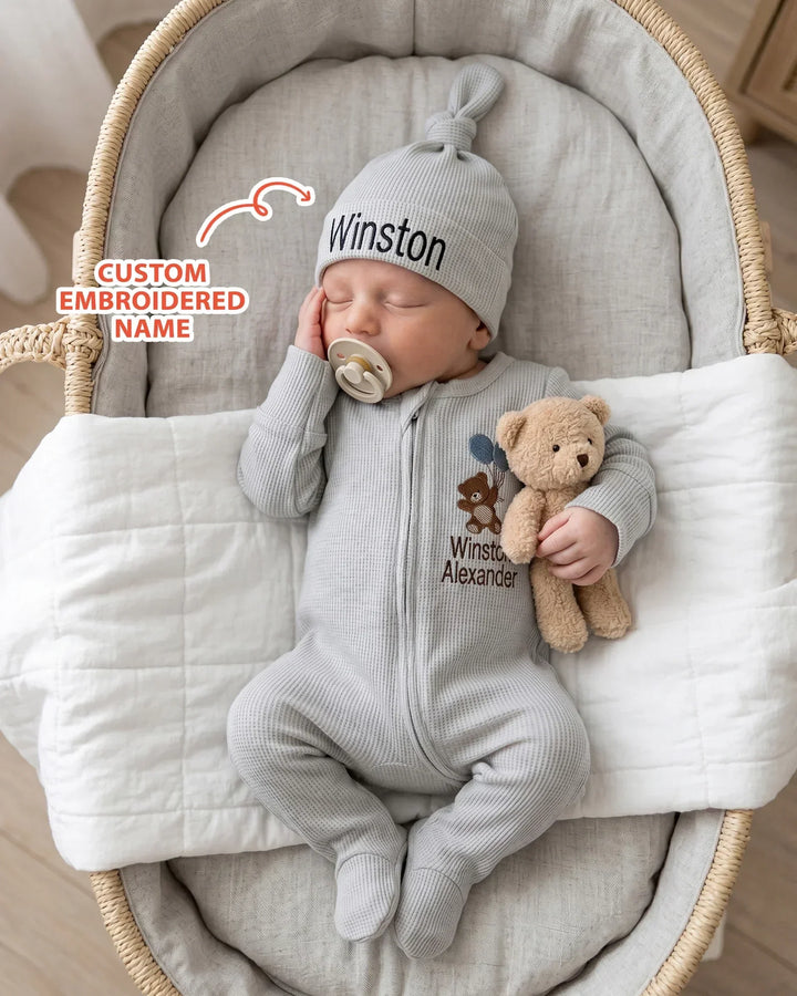 Personalized Dream Bear Embroidered Waffle Bamboo Welcome Home Bundle