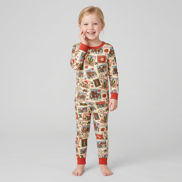 Western Christmas Stamps Bamboo Two Piece Long Sleeve Pajama Set