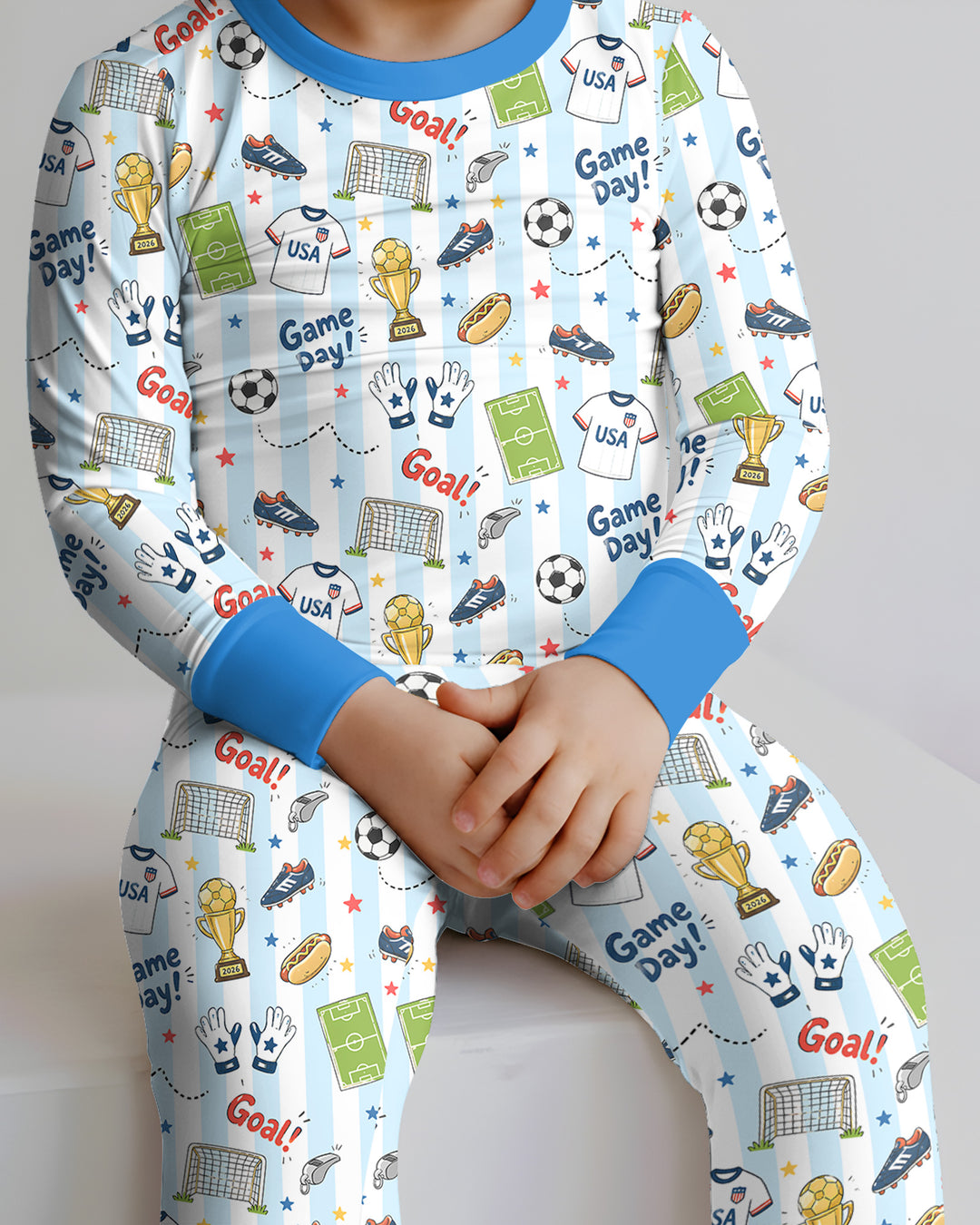 Striped Soccer Game Day Family Matching Bamboo Two Piece Long Sleeve Pajama Set