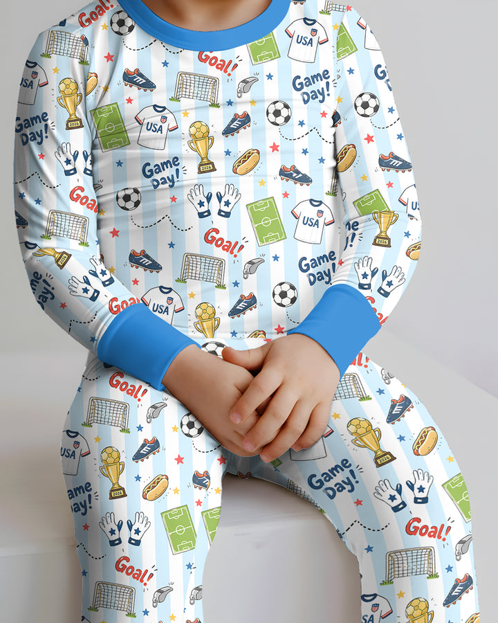 Striped Soccer Game Day Family Matching Bamboo Two Piece Long Sleeve Pajama Set