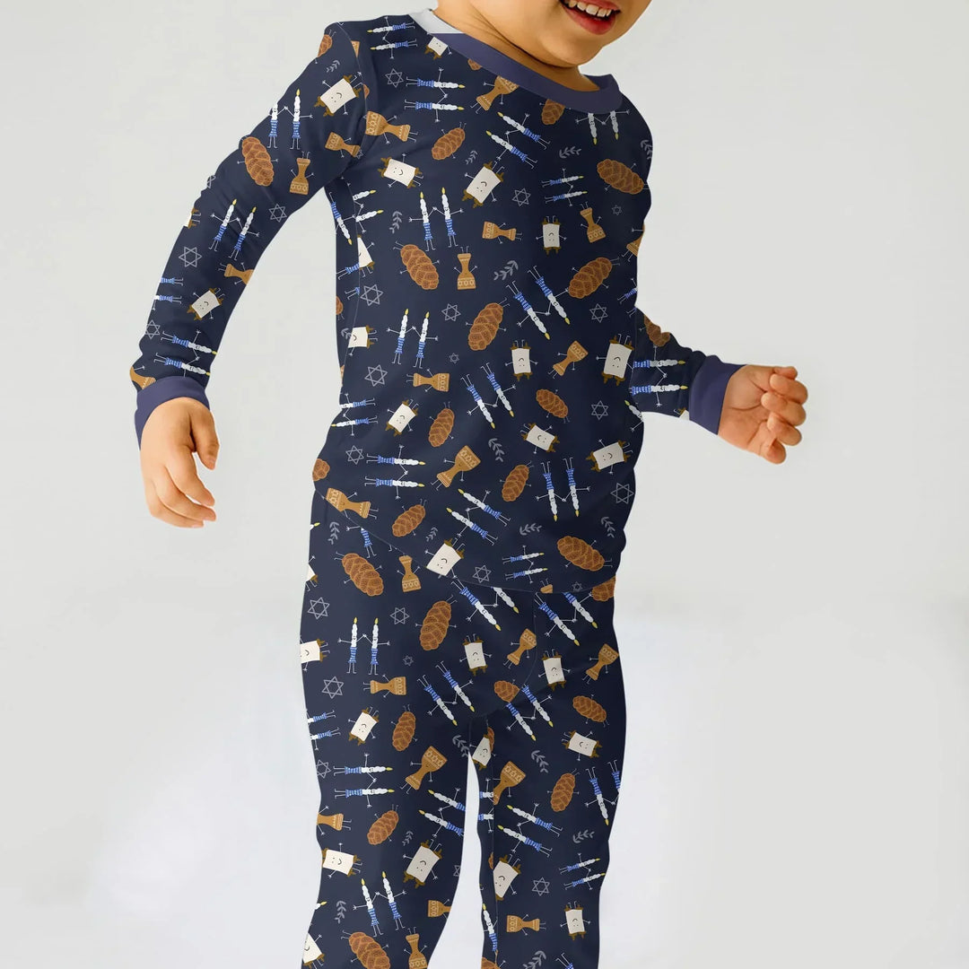 Shabbat Shalom Family Matching Bamboo Two Piece Long Sleeve Pajama Set