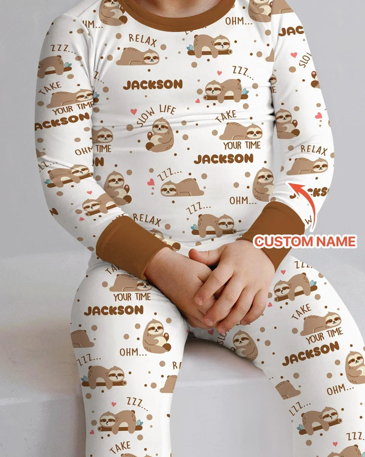 Custom Name Cute Sloth Bamboo Two Piece Long Sleeve Pajama Set