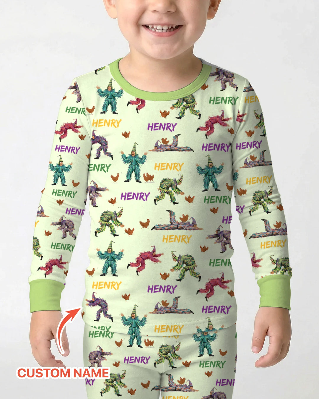 Custom Name Mardi Gras Chicken Chase Family Matching Bamboo Two Piece Long Sleeve Pajama Set