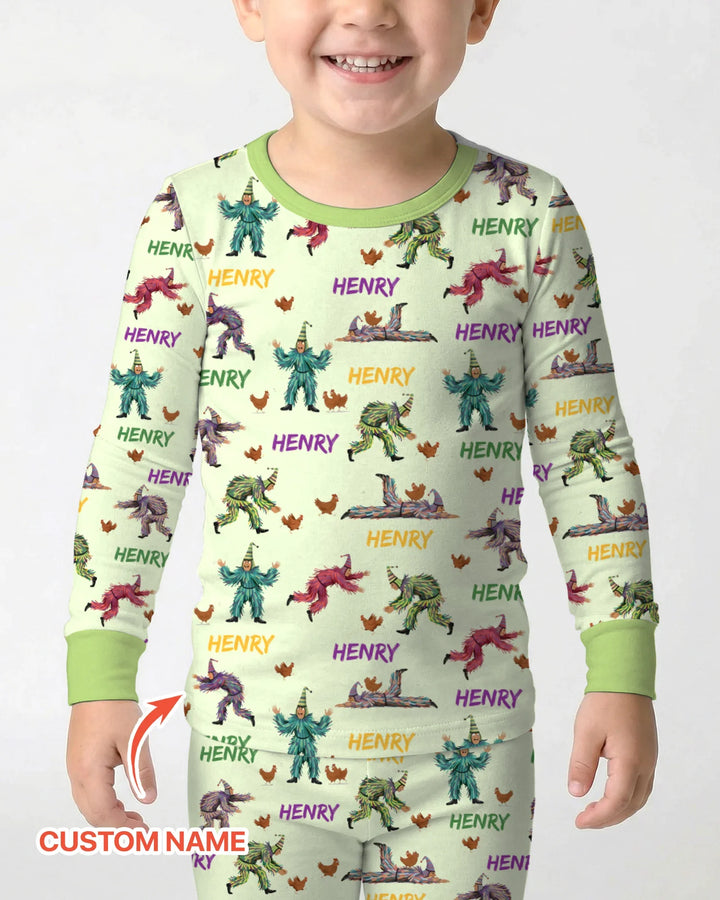Custom Name Mardi Gras Chicken Chase Family Matching Bamboo Two Piece Long Sleeve Pajama Set