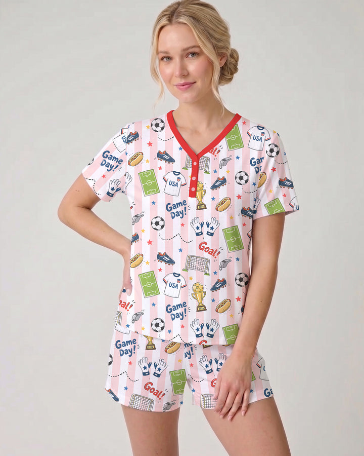 Striped Soccer Game Day Family Matching Bamboo Women Short Sleeve Short Pajama Set