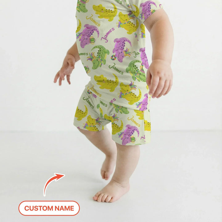 Custom Name Mardi Gras Alligator Bamboo Two Piece Short Sleeve Shorts Pajama Set