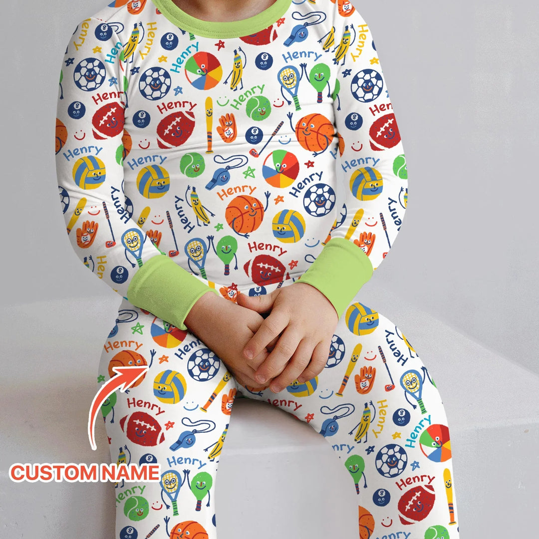 Play Ball Custom Name Bamboo Two Piece Long Sleeve Pajama Set