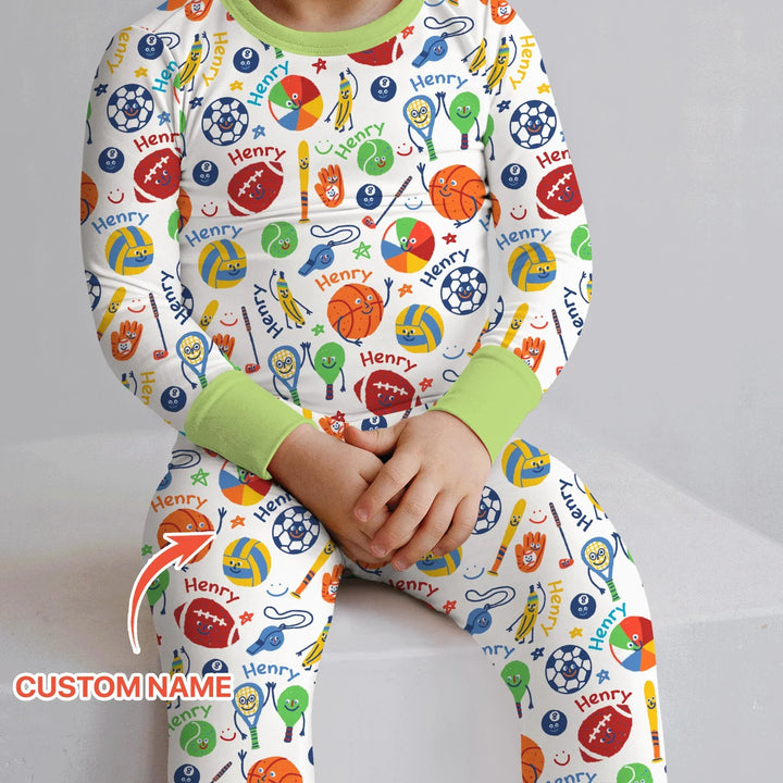 Play Ball Custom Name Bamboo Two Piece Long Sleeve Pajama Set