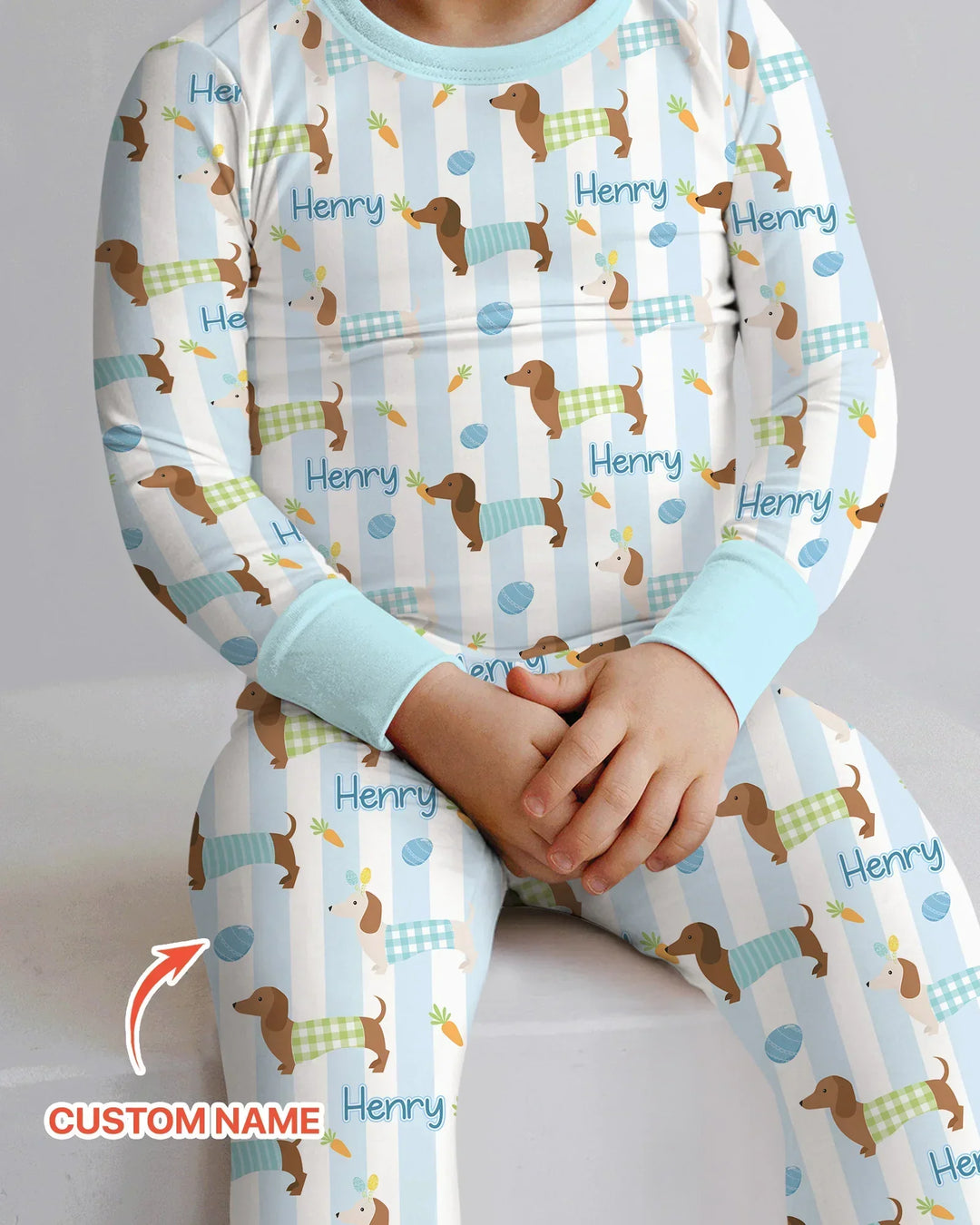 Custom Name Easter Dachshunds Family Matching Bamboo Two Piece Long Sleeve Pajama Set