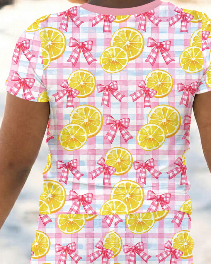 Pink Lemons Bows Checkered Bamboo Two Piece Short Sleeve Pajama Set
