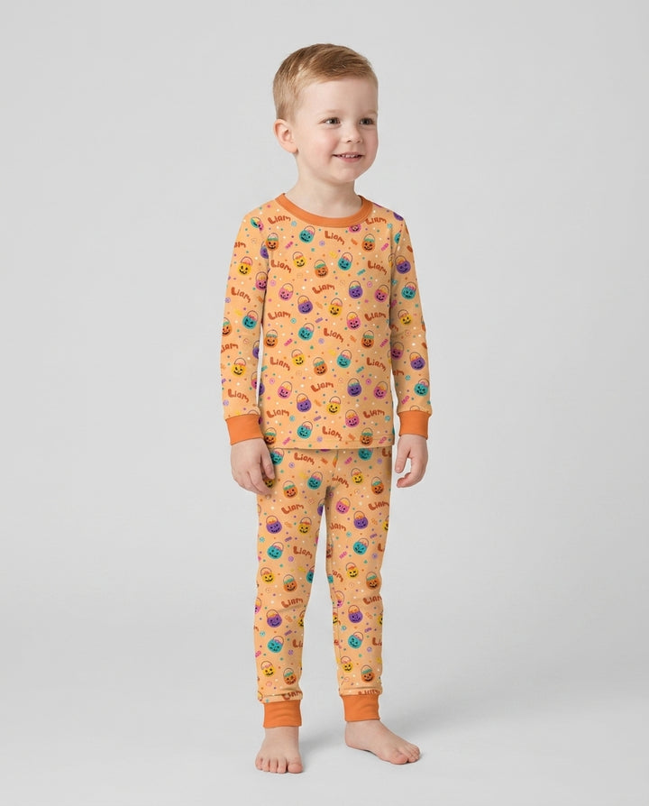 Custom Colorful Trick Or Treat Halloween Candy Bag Bamboo Two Piece Long Sleeve Pajama Set