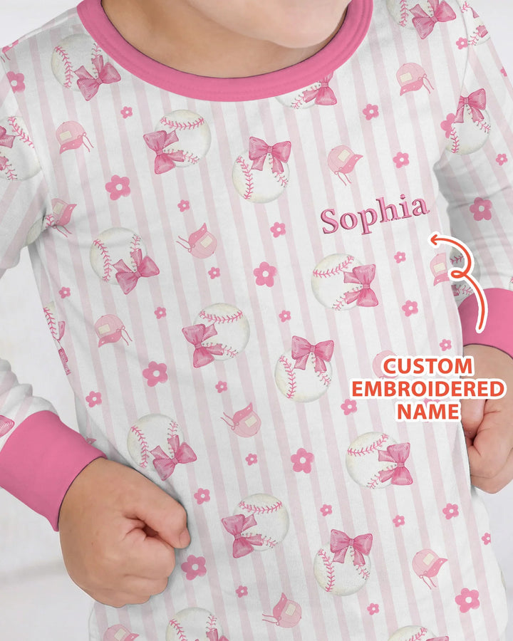 Custom Embroidered Name Baseball Girl Bamboo Two Piece Long Sleeve Pajama Set
