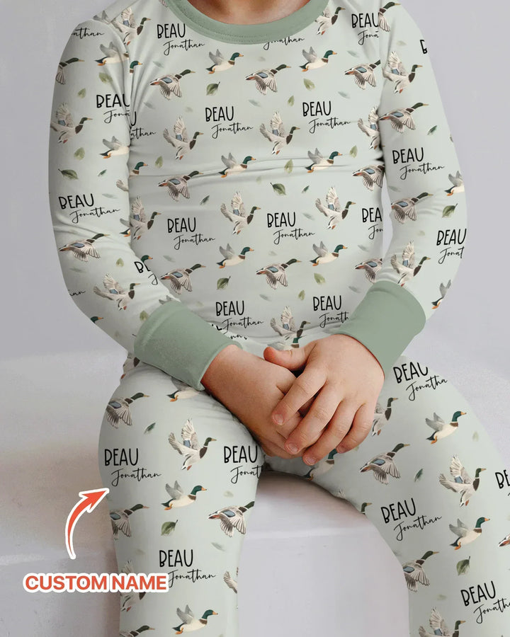 Custom Name Mallard Duck Bamboo Two Piece Long Sleeve Pajama Set