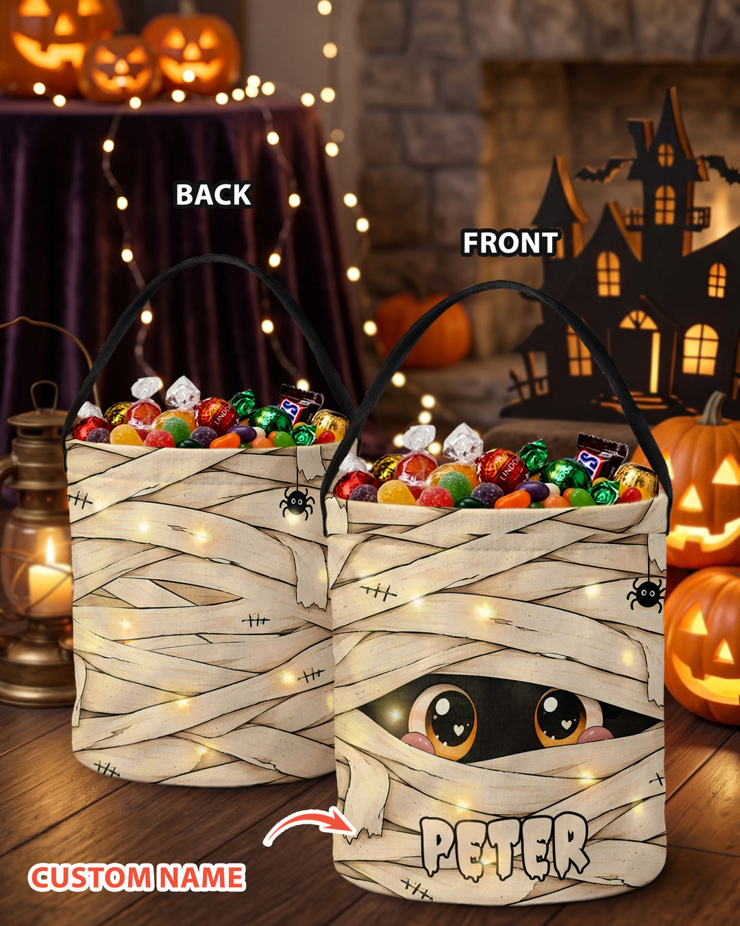 Halloween Spooky Eyes Mummy Custom Name Led Light Bucket Bag