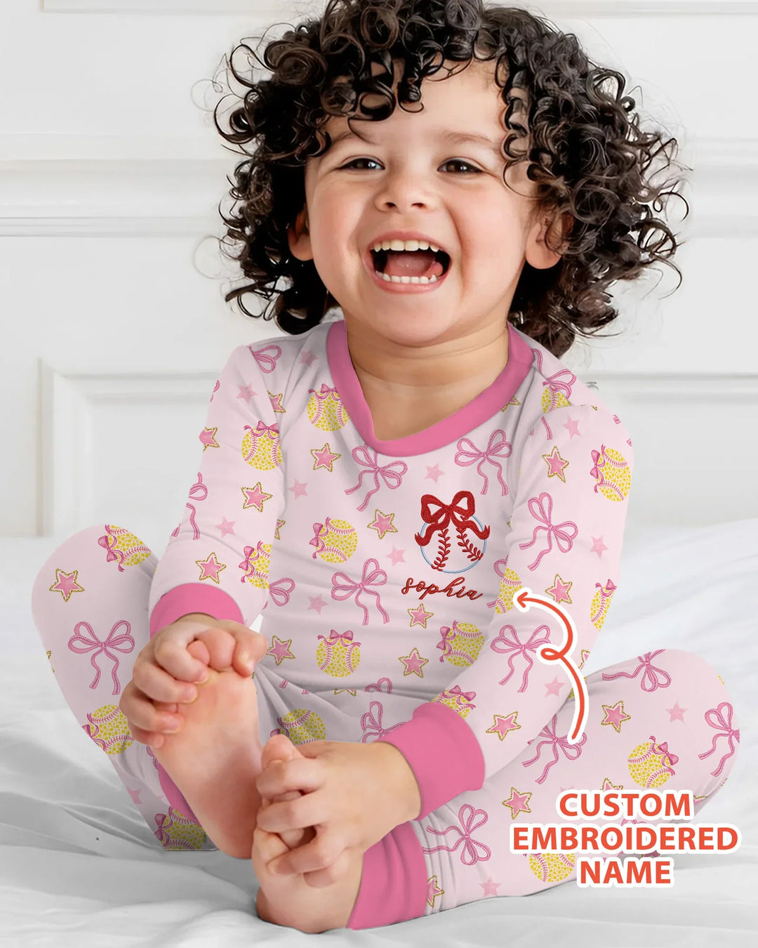 Custom Embroidered Softball Bow Baby Bamboo Two Piece Long Sleeve Pajama Set