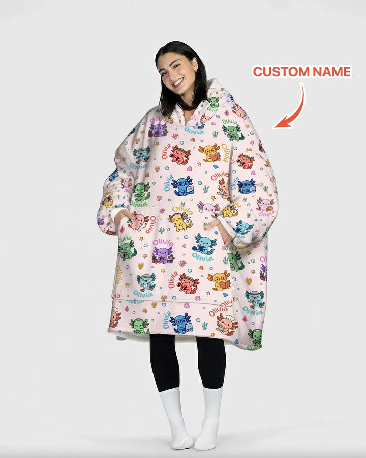 Custom Name Cute Hobby Axolotl Bamboo Blanket Hoodie