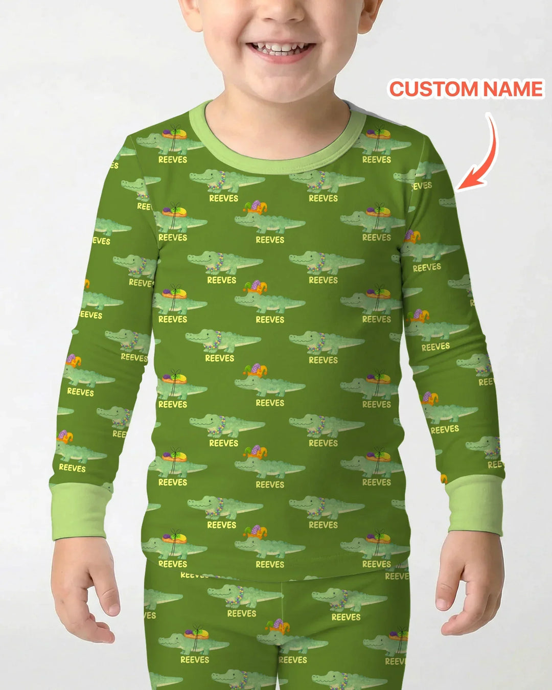 Custom Name Mardi Gras Gator Bamboo Two Piece Long Sleeve Pajama Set