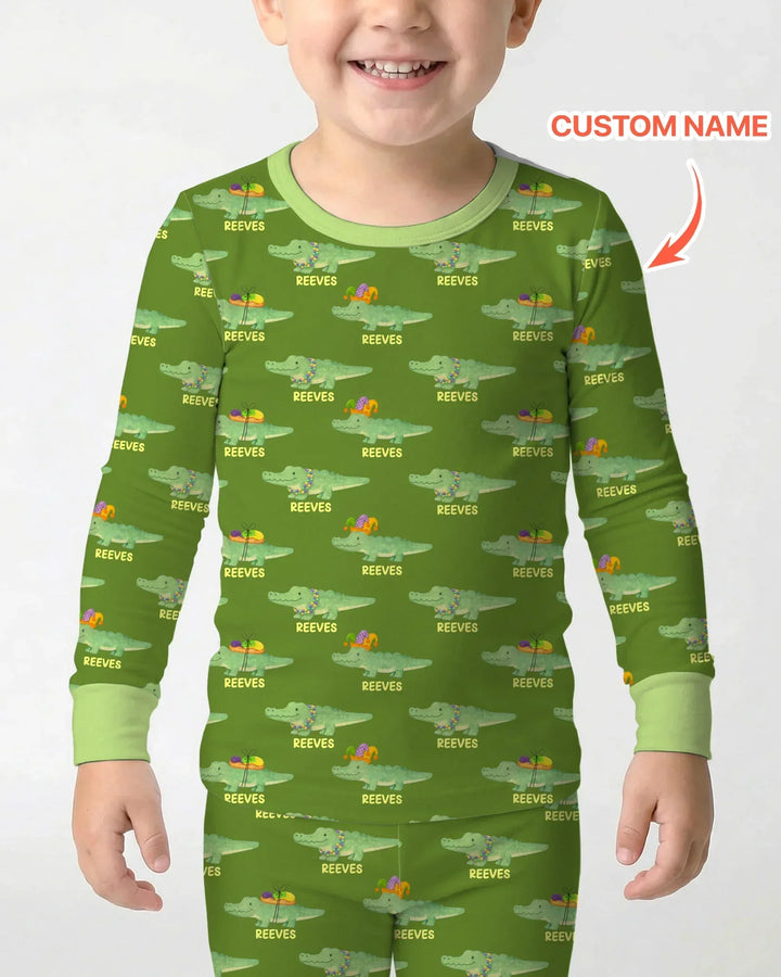 Custom Name Mardi Gras Gator Bamboo Two Piece Long Sleeve Pajama Set