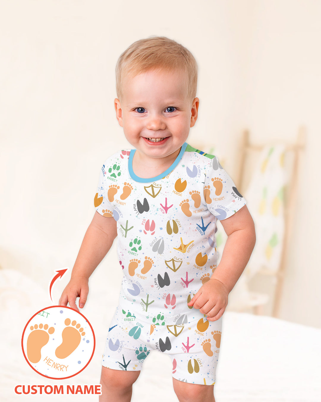 Cute Farm Animal Tracks Custom Name Bamboo Two Piece Short Sleeve Shorts Pajama Set