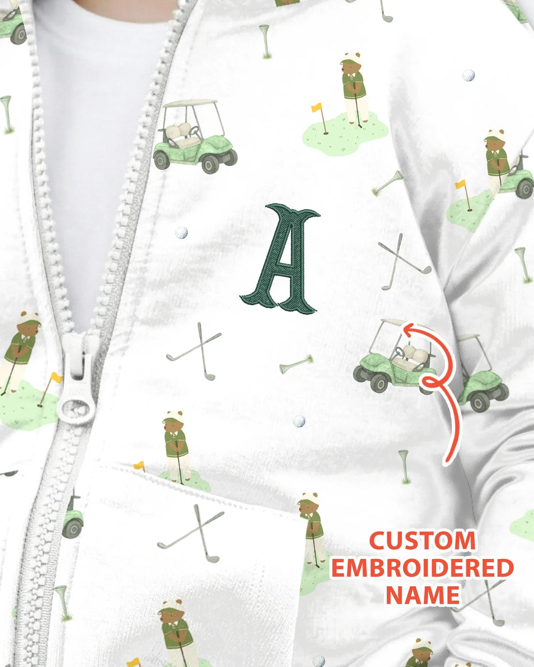 Custom Embroidered Name Monogram Letter Golf Bamboo Zip Hoodie