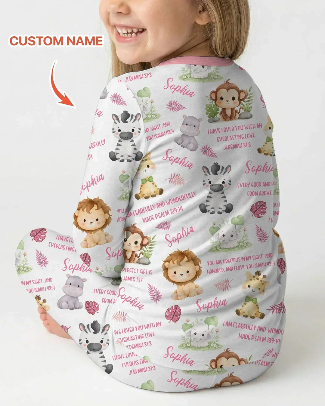 Custom Name Bible Verse Safari Animal Bamboo Two Piece Long Sleeve Pajama Set