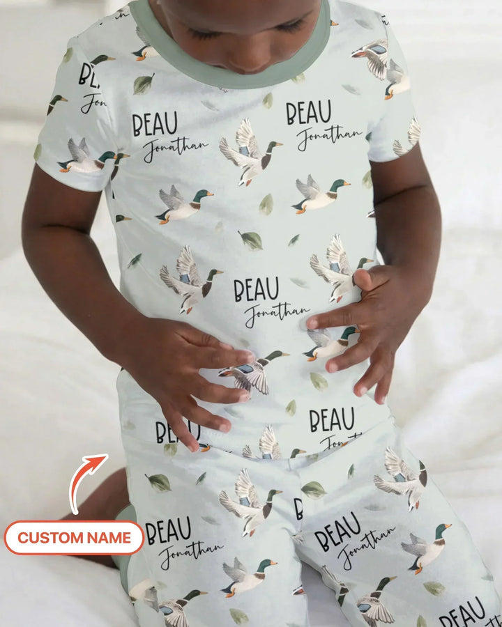 Custom Name Mallard Duck Bamboo Two Piece Short Sleeve Pajama Set